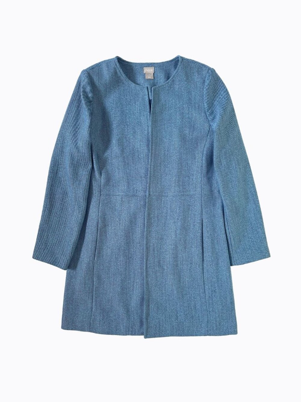 Chico's Sky Blue Herringbone Open Front Elongated Blazer Jacket Overcoat Size 1